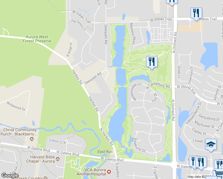 map of restaurants, bars, coffee shops, grocery stores, and more near 665 Blackberry Ridge Drive in Aurora