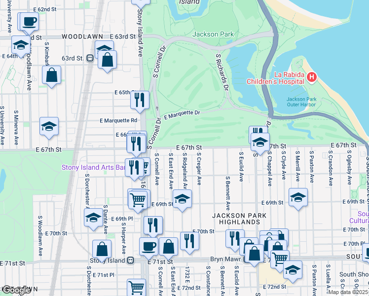 map of restaurants, bars, coffee shops, grocery stores, and more near E 67th St & S Ridgeland Ave in Chicago