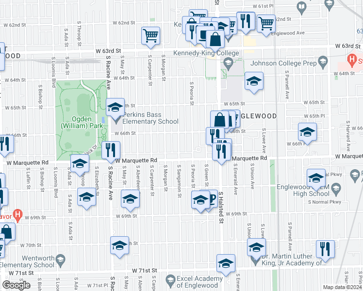 map of restaurants, bars, coffee shops, grocery stores, and more near 6629 South Sangamon Street in Chicago