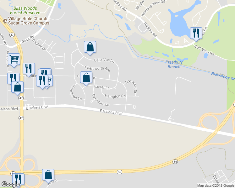 map of restaurants, bars, coffee shops, grocery stores, and more near 276 Hampton Road in Sugar Grove