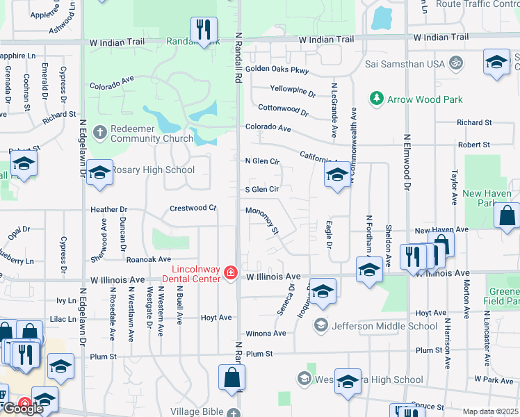 map of restaurants, bars, coffee shops, grocery stores, and more near 1377 Monomoy Street in Aurora