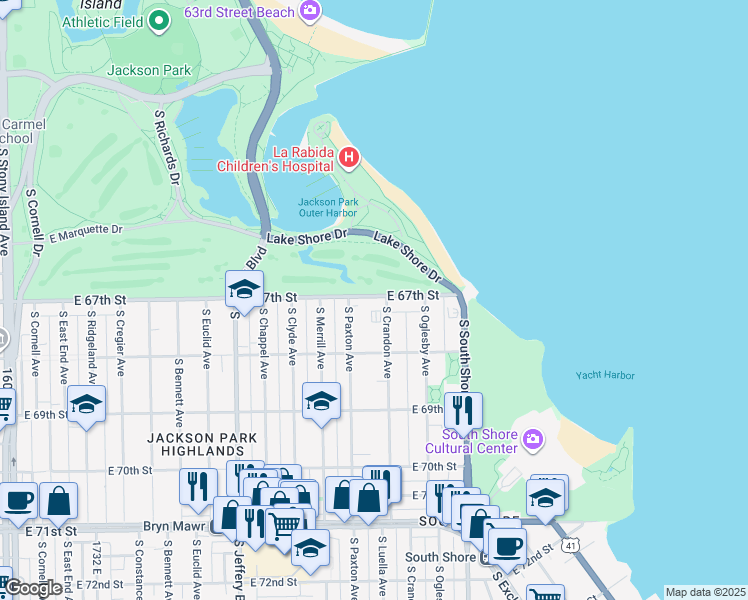 map of restaurants, bars, coffee shops, grocery stores, and more near 2231 East 67th Street in Chicago