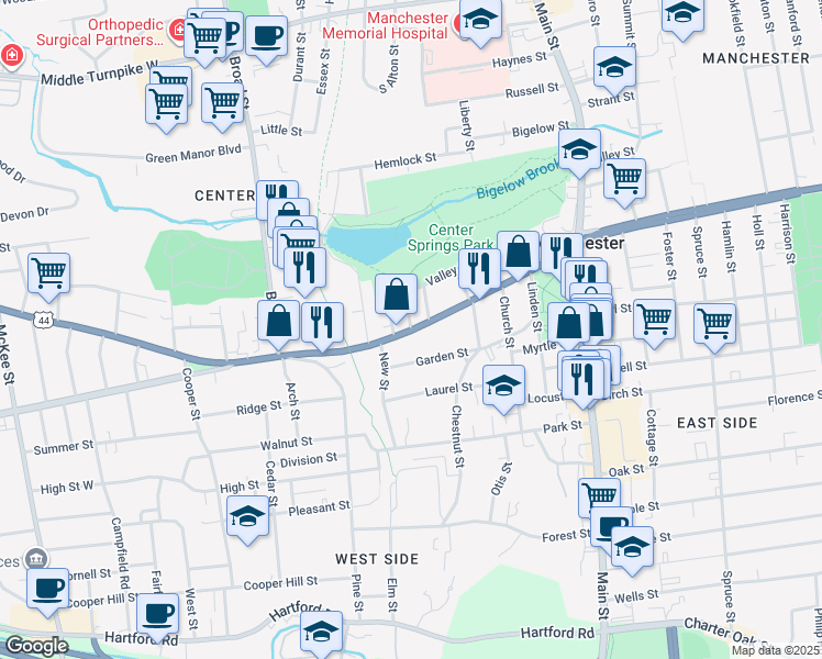 map of restaurants, bars, coffee shops, grocery stores, and more near 205 Center Street in Manchester