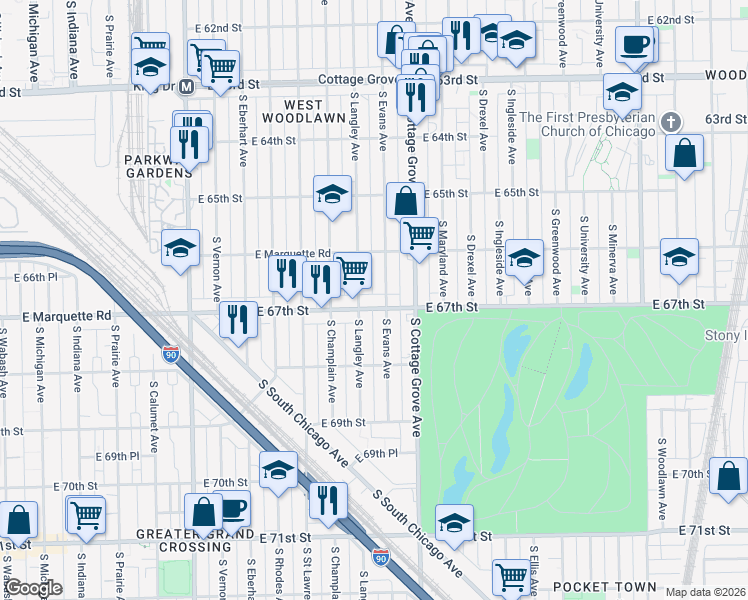 map of restaurants, bars, coffee shops, grocery stores, and more near 714 East 67th Street in Chicago