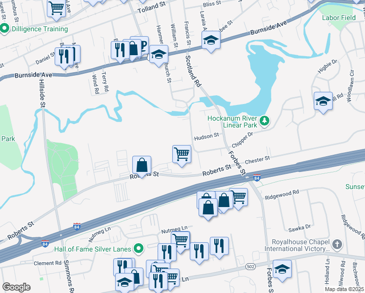 map of restaurants, bars, coffee shops, grocery stores, and more near 18 Old Roberts St in East Hartford