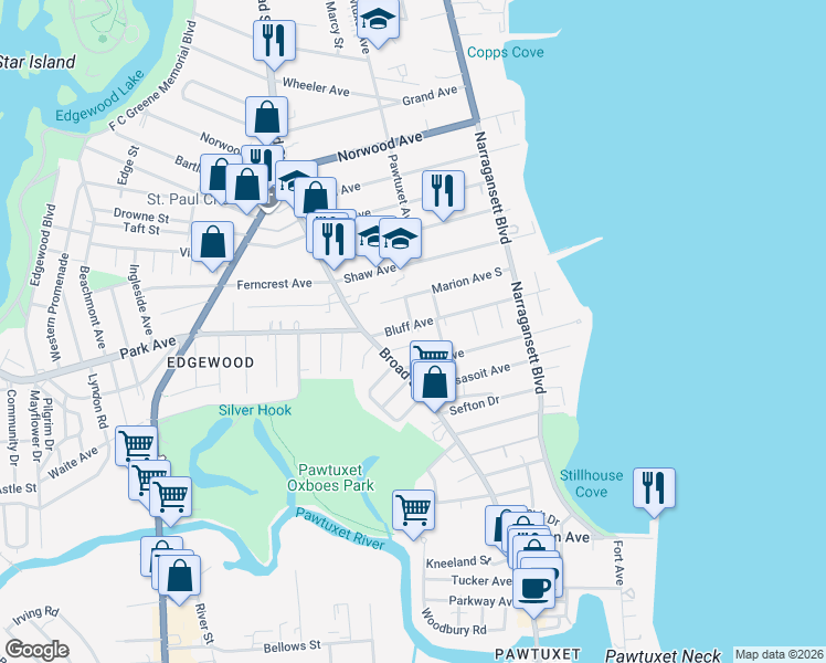 map of restaurants, bars, coffee shops, grocery stores, and more near 154 Bluff Avenue in Cranston