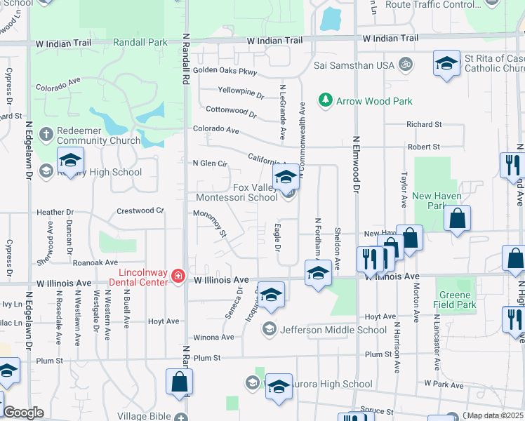 map of restaurants, bars, coffee shops, grocery stores, and more near 833 North Gladstone Avenue in Aurora
