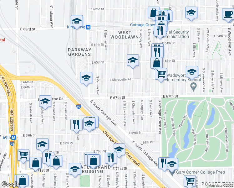 map of restaurants, bars, coffee shops, grocery stores, and more near 6651 South Rhodes Avenue in Chicago