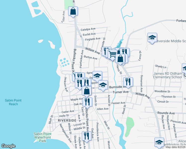 map of restaurants, bars, coffee shops, grocery stores, and more near 57 Sprague Avenue in East Providence