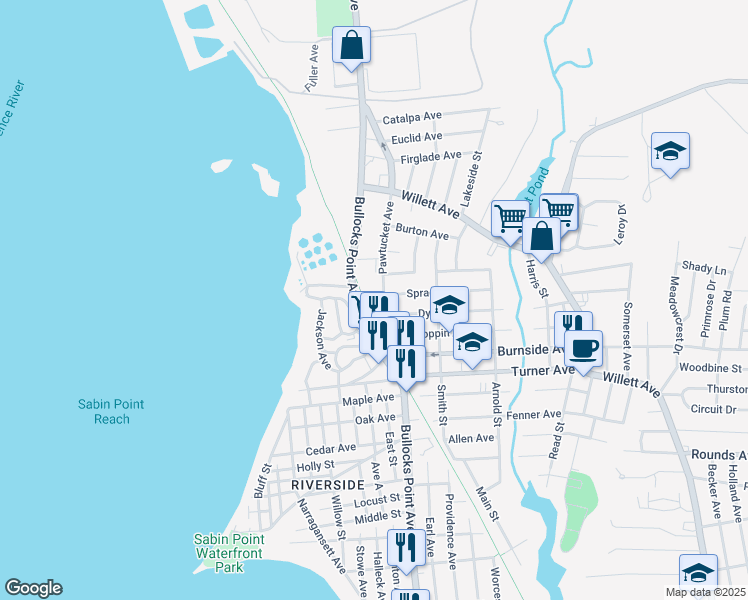 map of restaurants, bars, coffee shops, grocery stores, and more near 3663 Pawtucket Avenue in East Providence