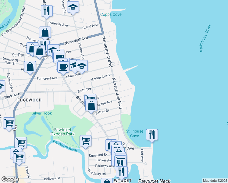 map of restaurants, bars, coffee shops, grocery stores, and more near 1393 Narragansett Boulevard in Cranston