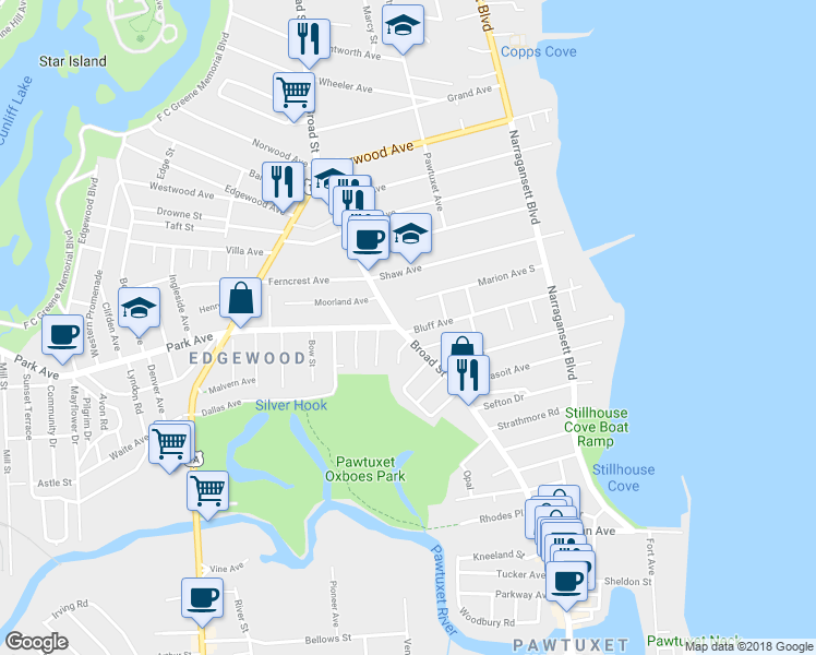 map of restaurants, bars, coffee shops, grocery stores, and more near 1912 Broad Street in Cranston