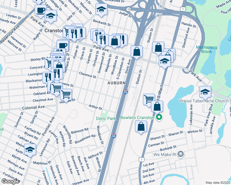 map of restaurants, bars, coffee shops, grocery stores, and more near 232 South Clarendon Street in Cranston
