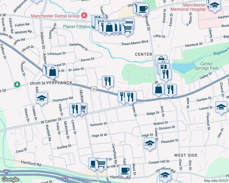 map of restaurants, bars, coffee shops, grocery stores, and more near 451 Center Street in Manchester