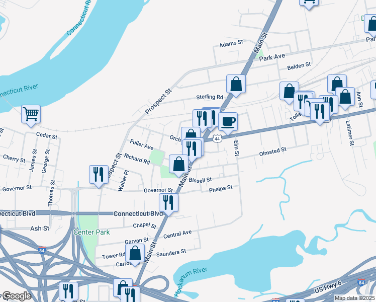 map of restaurants, bars, coffee shops, grocery stores, and more near 10 Roberts Court in East Hartford