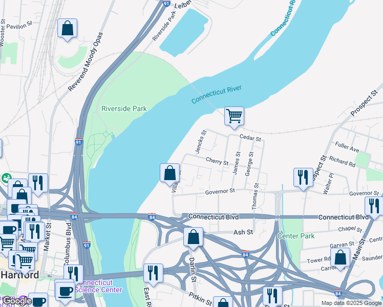 map of restaurants, bars, coffee shops, grocery stores, and more near 20 Jencks Street in East Hartford