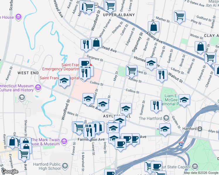 map of restaurants, bars, coffee shops, grocery stores, and more near 273 Collins Street in Hartford
