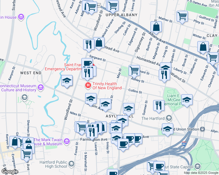 map of restaurants, bars, coffee shops, grocery stores, and more near 273 Collins Street in Hartford
