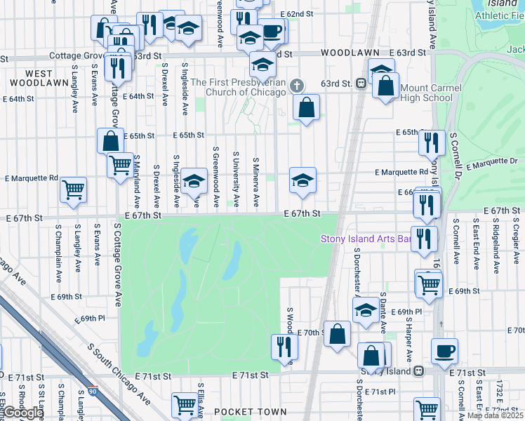 map of restaurants, bars, coffee shops, grocery stores, and more near 6653 South Minerva Avenue in Chicago