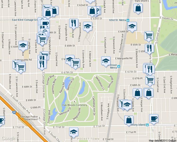 map of restaurants, bars, coffee shops, grocery stores, and more near 6653 South Minerva Avenue in Chicago