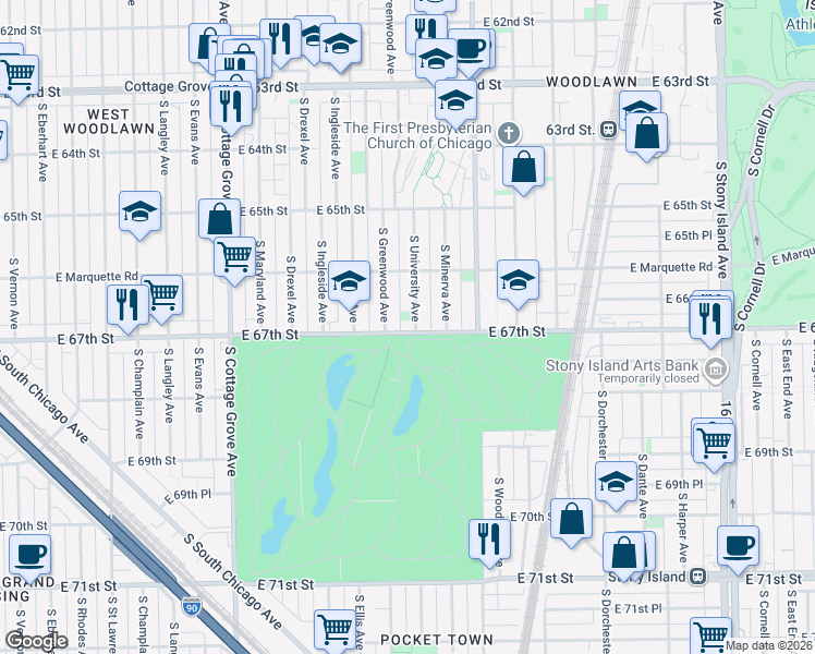 map of restaurants, bars, coffee shops, grocery stores, and more near 6652 South University Avenue in Chicago
