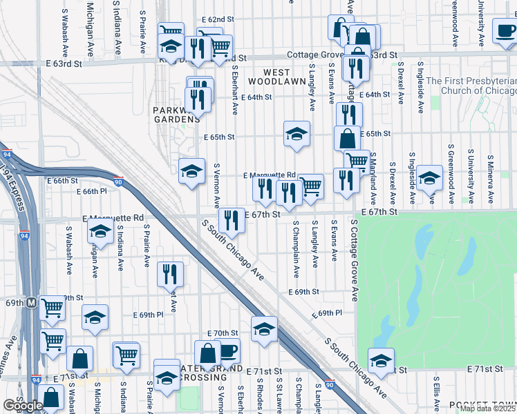 map of restaurants, bars, coffee shops, grocery stores, and more near 6644 South Rhodes Avenue in Chicago