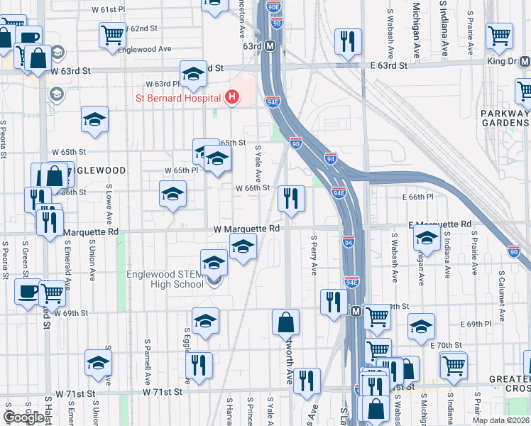 map of restaurants, bars, coffee shops, grocery stores, and more near 6633 South Yale Avenue in Chicago