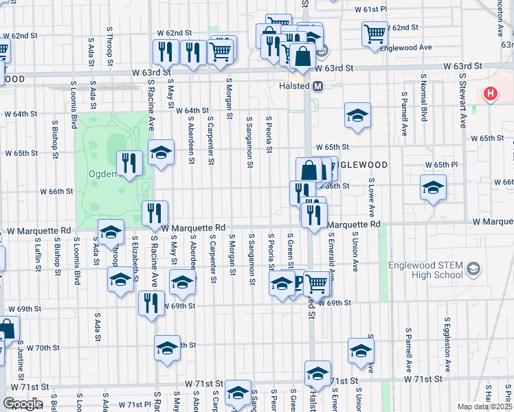 map of restaurants, bars, coffee shops, grocery stores, and more near 6623 South Sangamon Street in Chicago