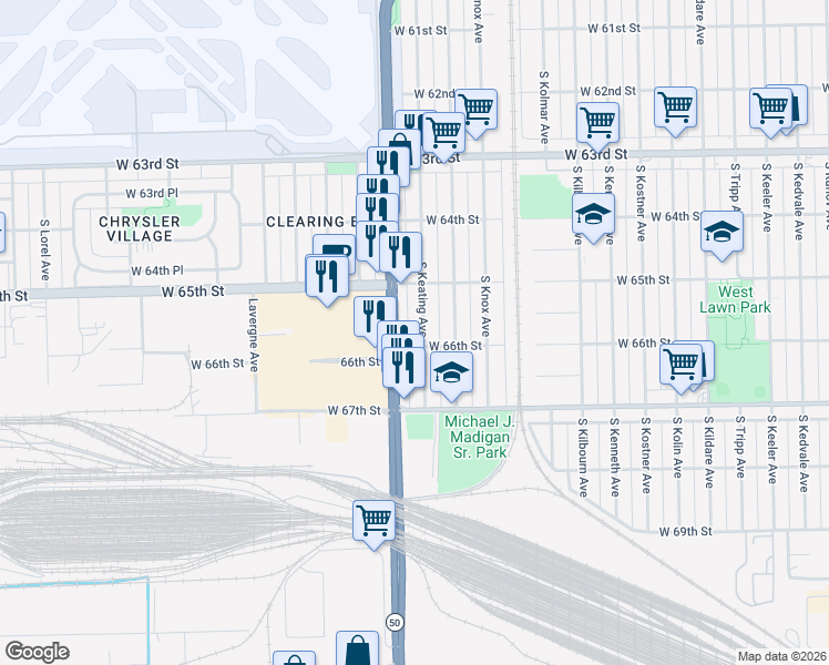 map of restaurants, bars, coffee shops, grocery stores, and more near 6542 South Keating Avenue in Chicago