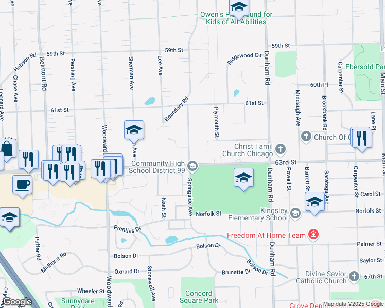 map of restaurants, bars, coffee shops, grocery stores, and more near 6243 Springside Avenue in Downers Grove