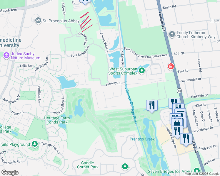 map of restaurants, bars, coffee shops, grocery stores, and more near 1607 Fairway Drive in Lisle