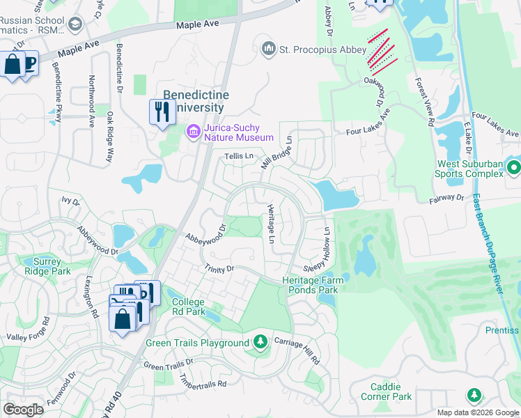 map of restaurants, bars, coffee shops, grocery stores, and more near 2107 Neff Court in Lisle