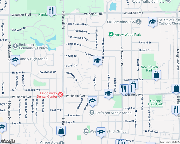 map of restaurants, bars, coffee shops, grocery stores, and more near 833 North Gladstone Avenue in Aurora
