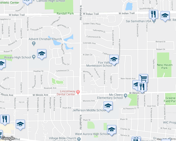 map of restaurants, bars, coffee shops, grocery stores, and more near 1377 Monomoy Street in Aurora