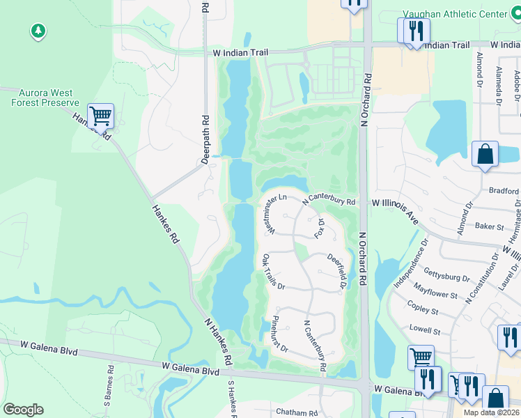 map of restaurants, bars, coffee shops, grocery stores, and more near 2555 Westminster Lane in Aurora