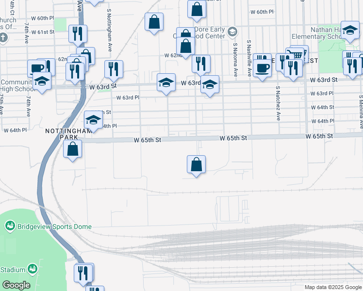map of restaurants, bars, coffee shops, grocery stores, and more near 6855 West 65th Street in Chicago