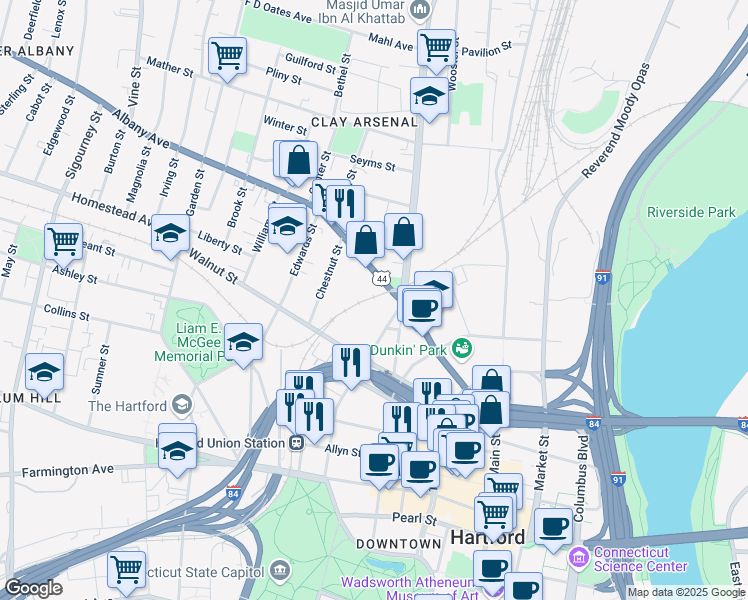 map of restaurants, bars, coffee shops, grocery stores, and more near 529 Ann Uccello Street in Hartford