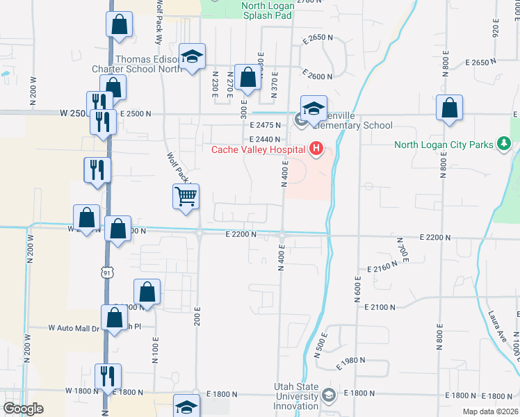 map of restaurants, bars, coffee shops, grocery stores, and more near 344 East 2280 North in North Logan