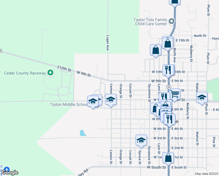 map of restaurants, bars, coffee shops, grocery stores, and more near 803 Lemon Street in Tipton