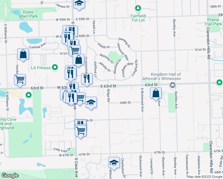 map of restaurants, bars, coffee shops, grocery stores, and more near 547 East 63rd Street in Willowbrook