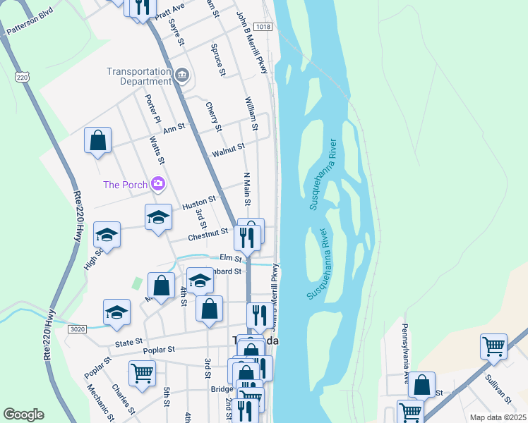 map of restaurants, bars, coffee shops, grocery stores, and more near 108 William Street in Towanda
