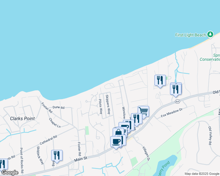 map of restaurants, bars, coffee shops, grocery stores, and more near Ocean Street Extension in Brewster