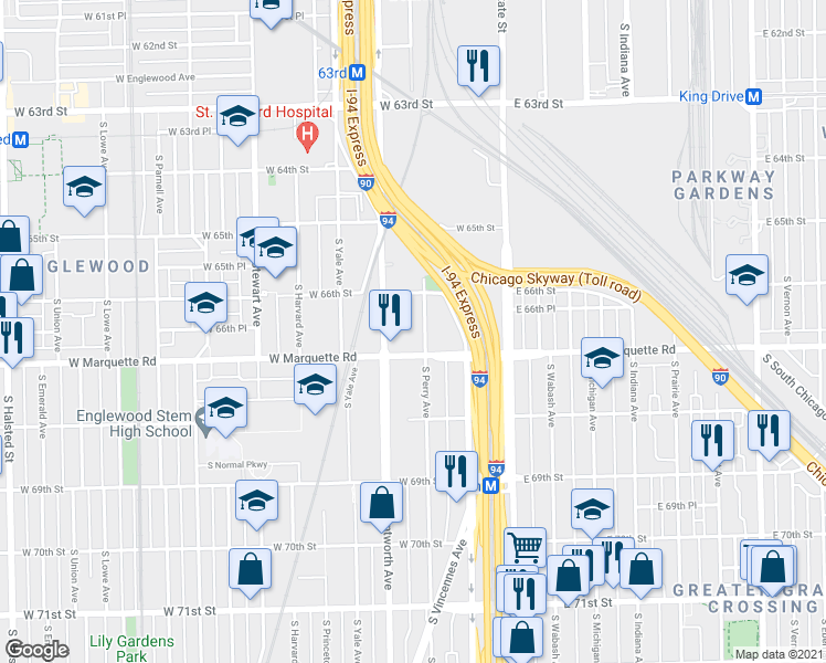 map of restaurants, bars, coffee shops, grocery stores, and more near 6636 South Perry Avenue in Chicago