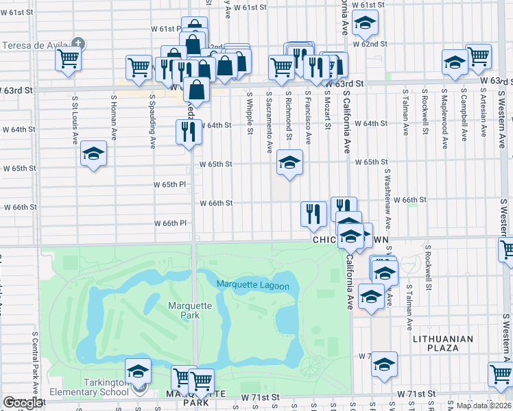map of restaurants, bars, coffee shops, grocery stores, and more near 6601 South Whipple Street in Chicago