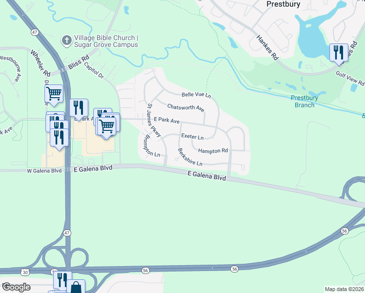 map of restaurants, bars, coffee shops, grocery stores, and more near 244 Berkshire Lane in Sugar Grove