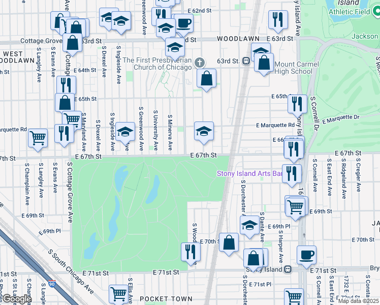 map of restaurants, bars, coffee shops, grocery stores, and more near 6655 South Woodlawn Avenue in Chicago