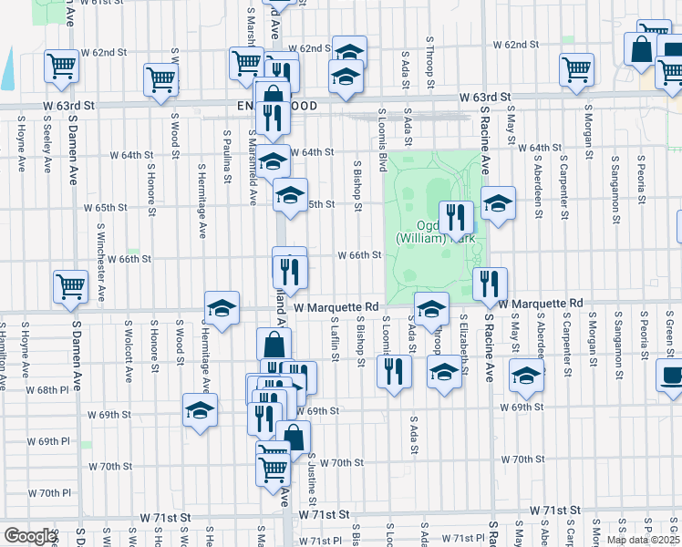 map of restaurants, bars, coffee shops, grocery stores, and more near 6619 South Laflin Street in Chicago
