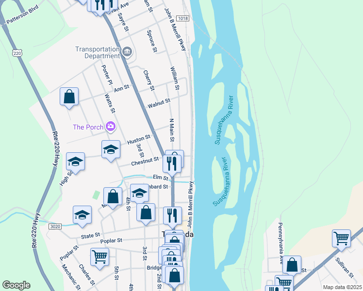 map of restaurants, bars, coffee shops, grocery stores, and more near 108 William Street in Towanda