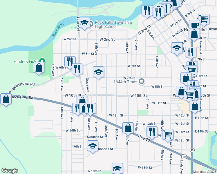 map of restaurants, bars, coffee shops, grocery stores, and more near 801 10th Avenue in Rock Falls