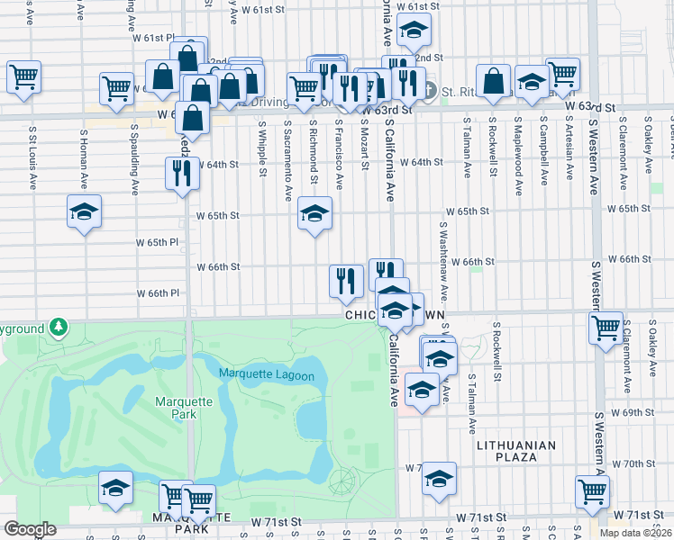 map of restaurants, bars, coffee shops, grocery stores, and more near 6602 South Francisco Avenue in Chicago